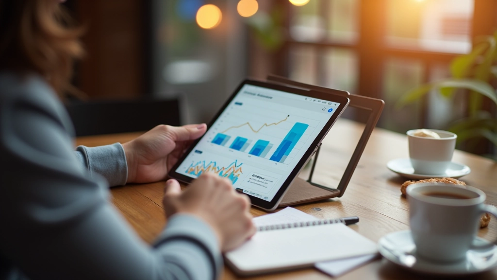 Person reviewing analytics dashboard with content performance metrics and cluster data
